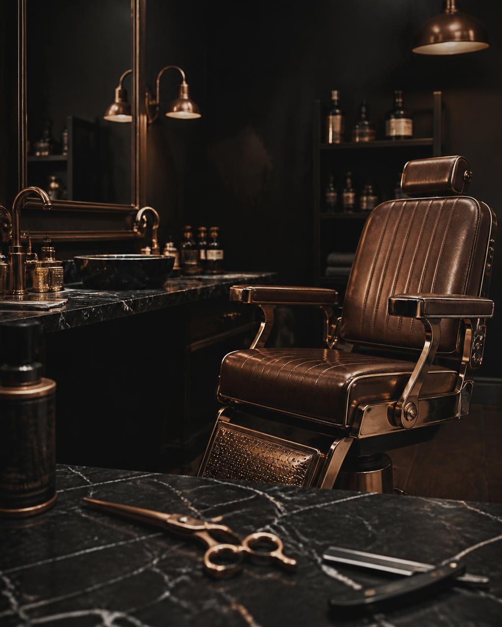 Wnętrze barber shopu — fotel barberski w ciepłym świetle